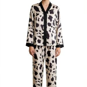 Cow Print Satin Pajama Set - Black & Cream